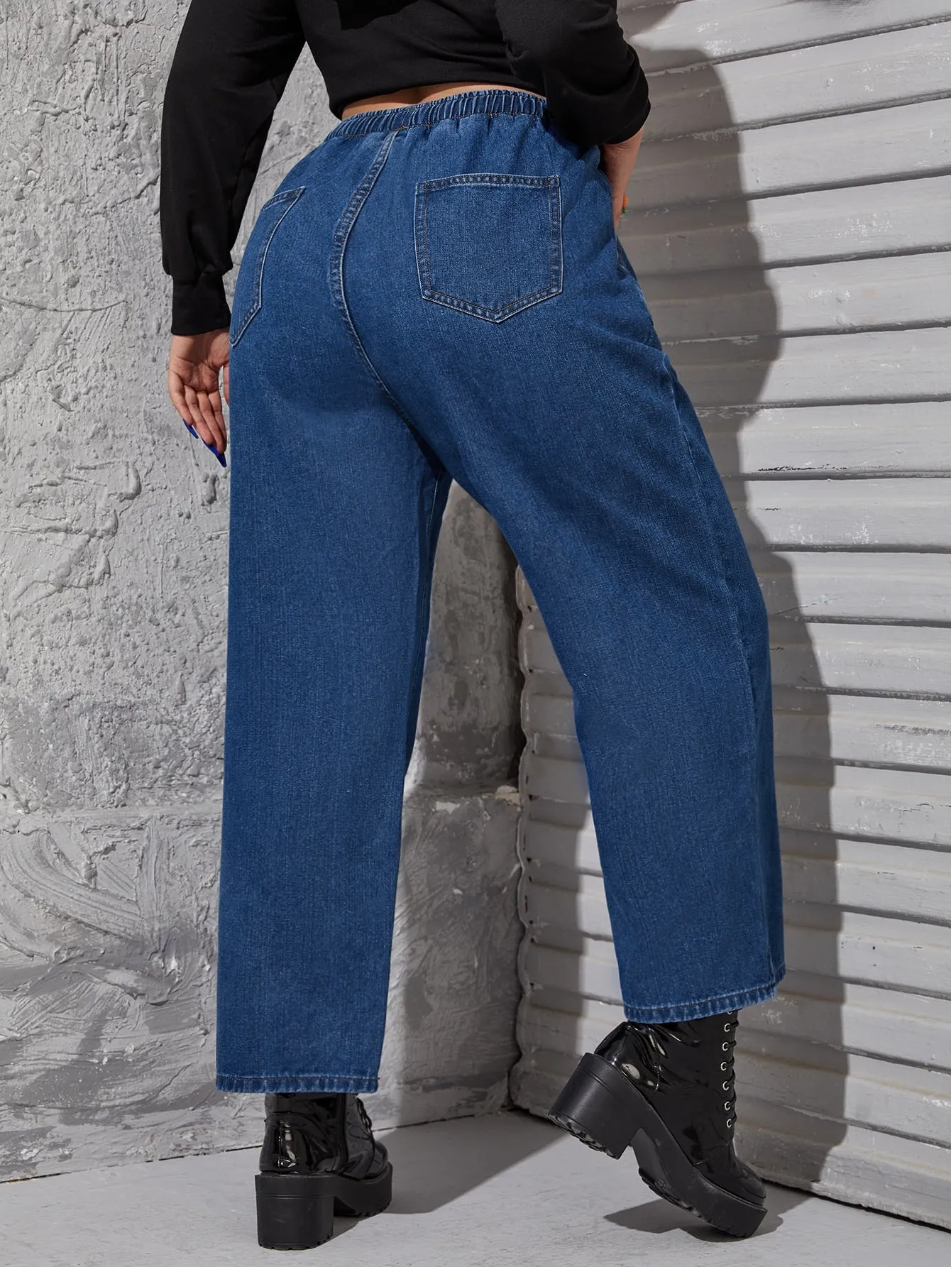 Plain Drawstring High Waist Cropped Plus Size Jeans