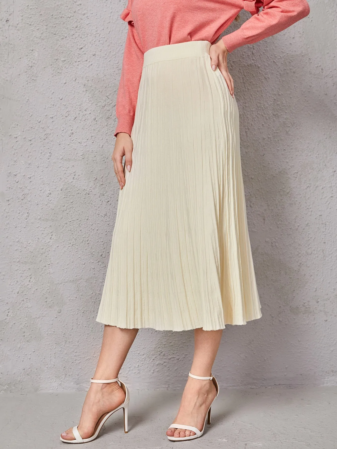 Plain Pleated High Waist Midi Women Sweater Skirt