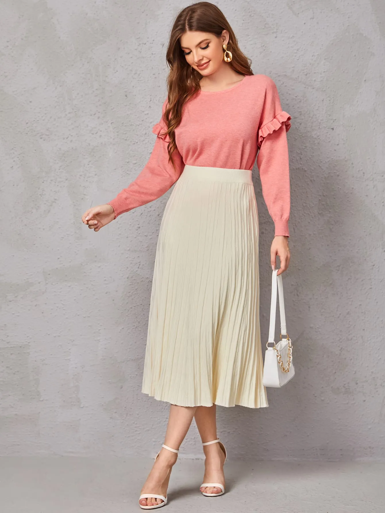 Plain Pleated High Waist Midi Women Sweater Skirt