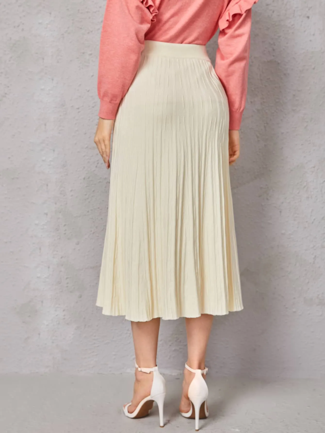 Plain Pleated High Waist Midi Women Sweater Skirt