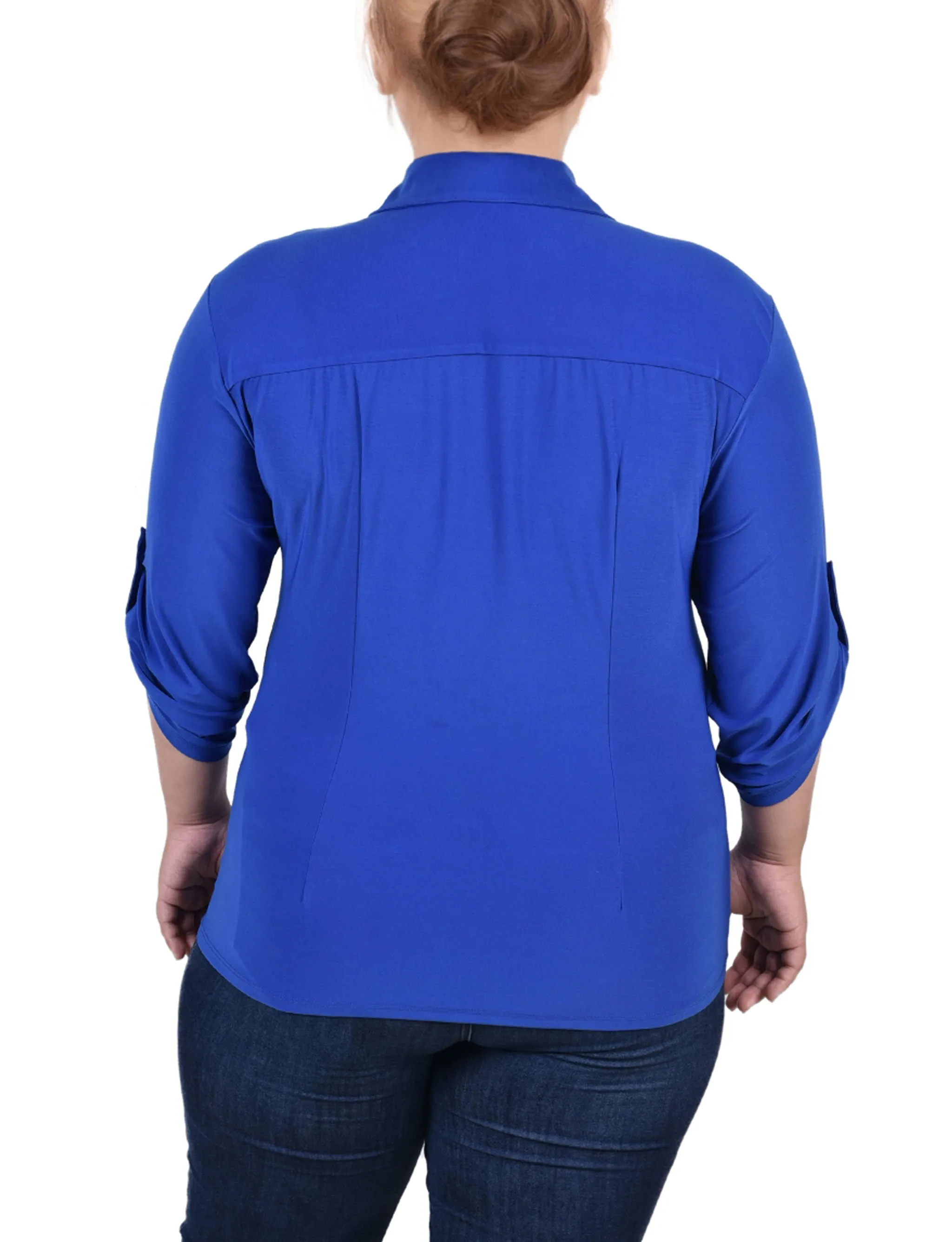 Plus Size 3/4 Roll Tab Rouched-Front Top