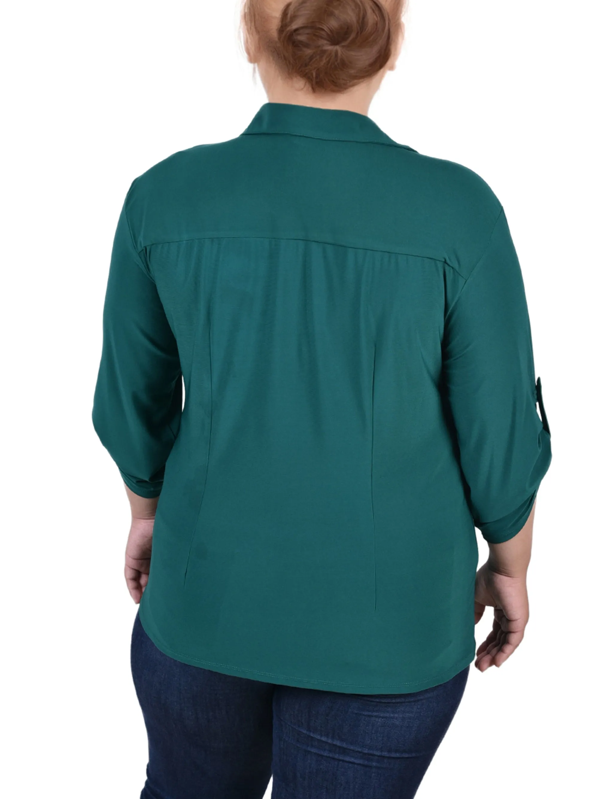 Plus Size 3/4 Roll Tab Rouched-Front Top