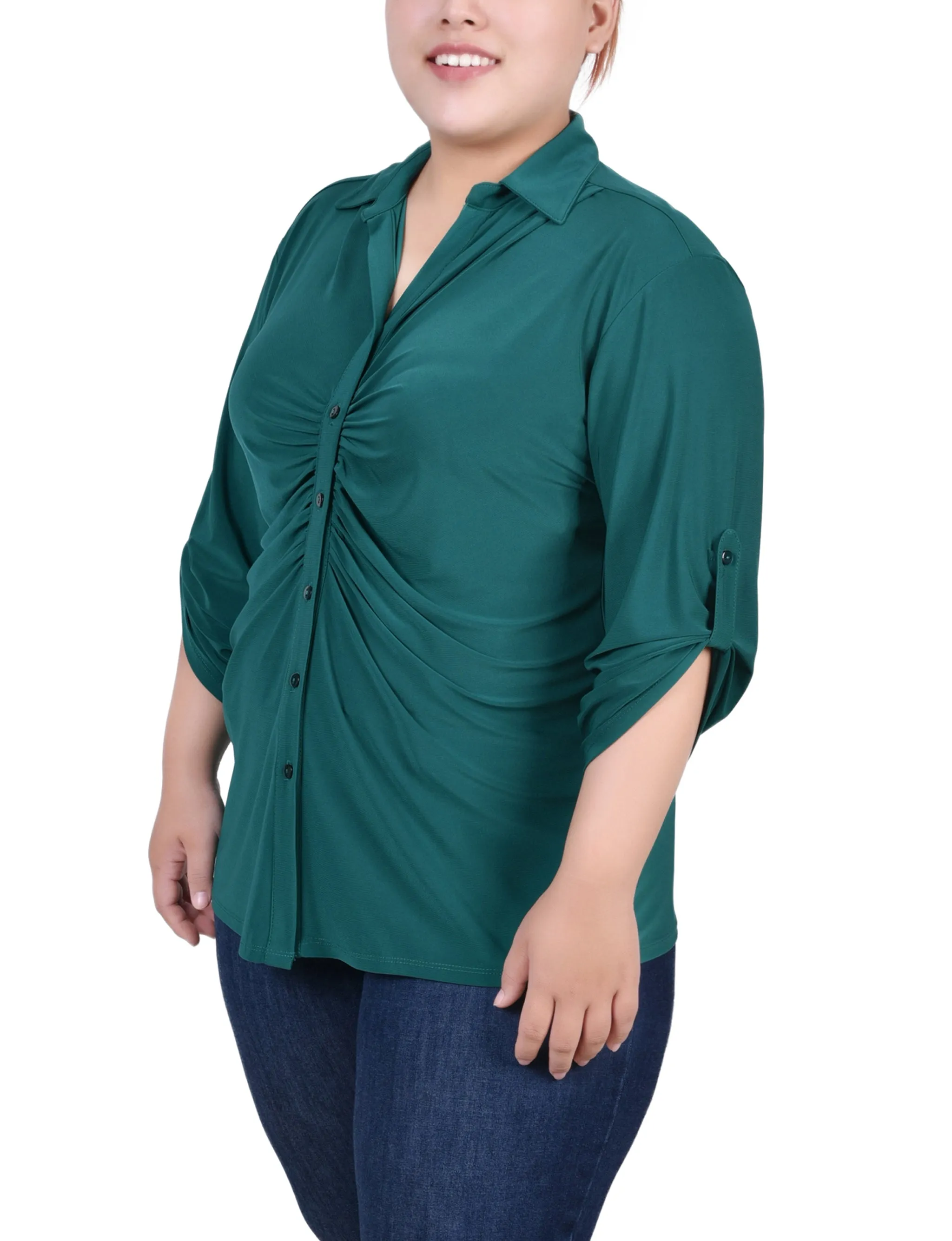 Plus Size 3/4 Roll Tab Rouched-Front Top