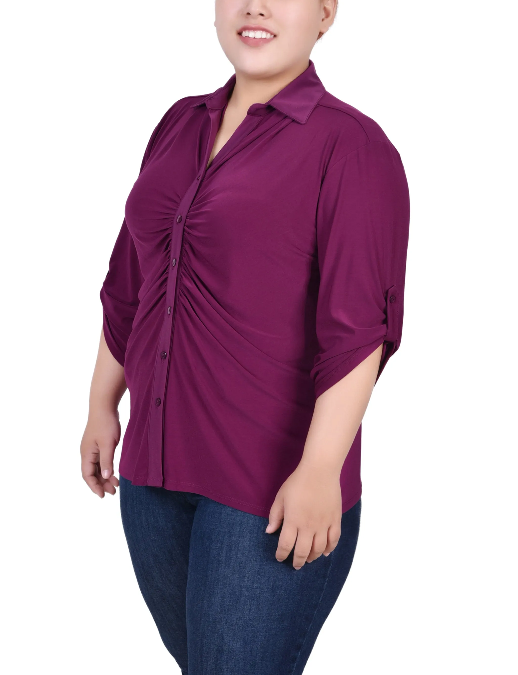 Plus Size 3/4 Roll Tab Rouched-Front Top