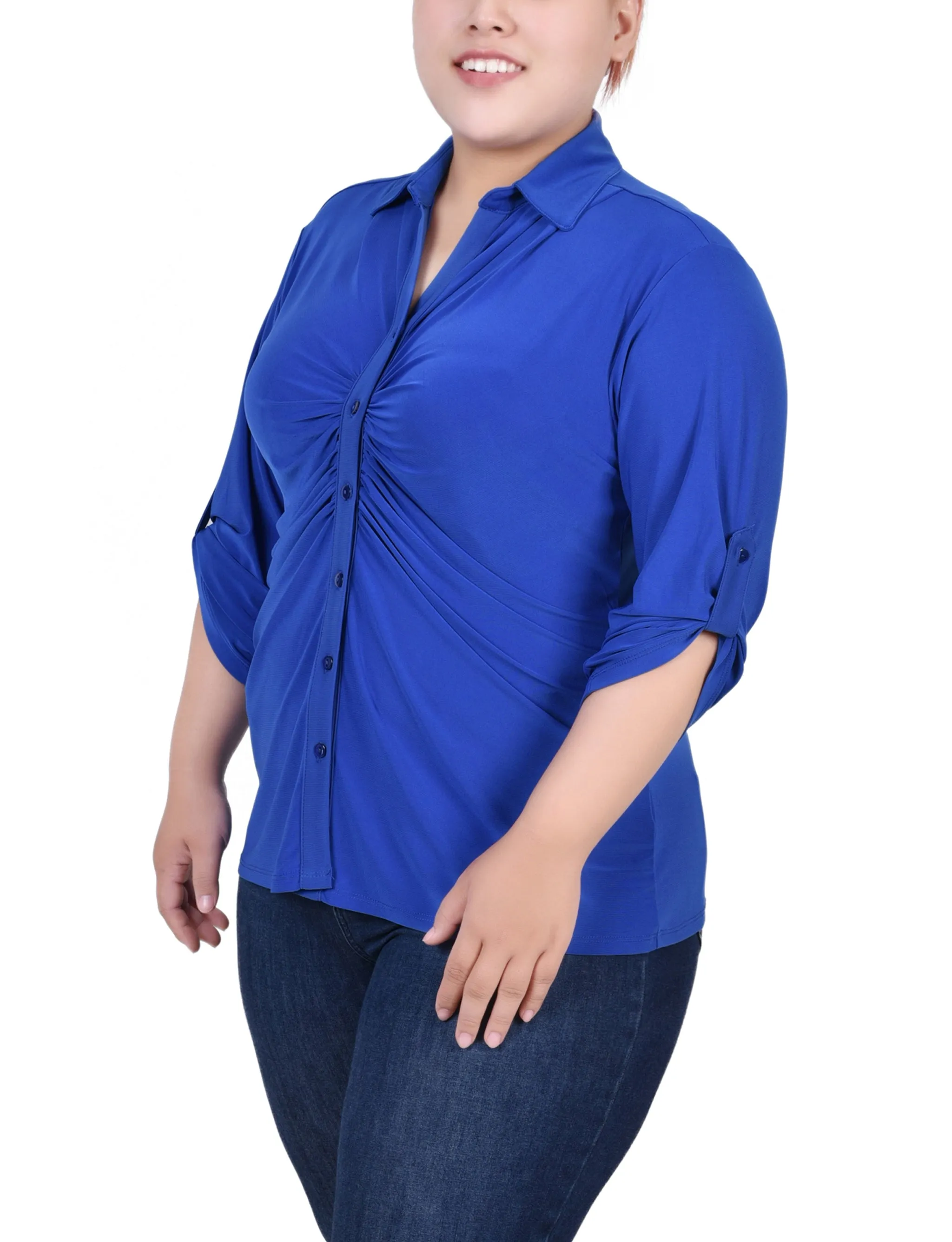 Plus Size 3/4 Roll Tab Rouched-Front Top