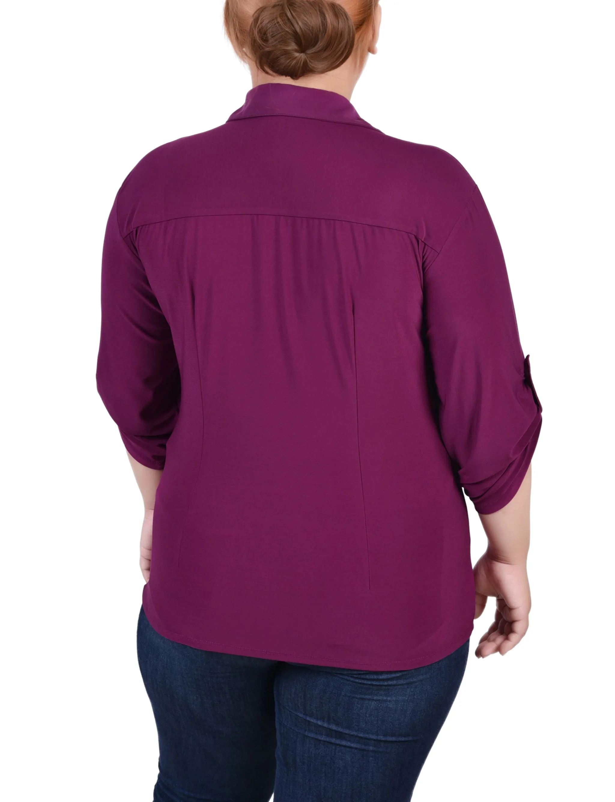 Plus Size 3/4 Roll Tab Rouched-Front Top