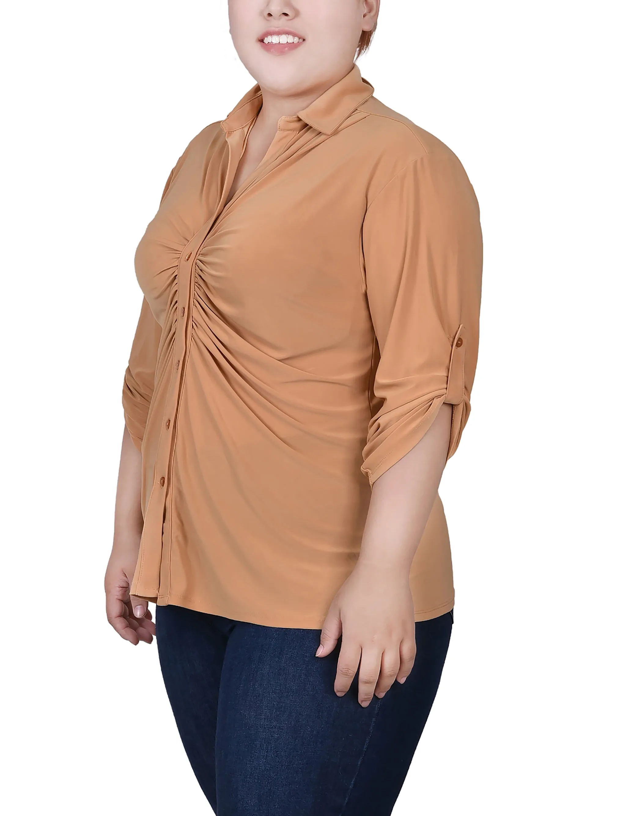 Plus Size 3/4 Roll Tab Rouched-Front Top