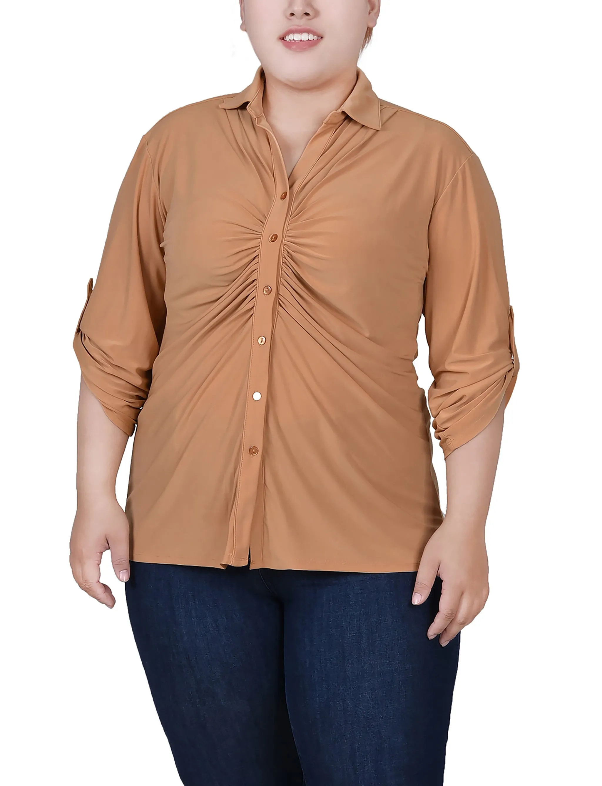 Plus Size 3/4 Roll Tab Rouched-Front Top