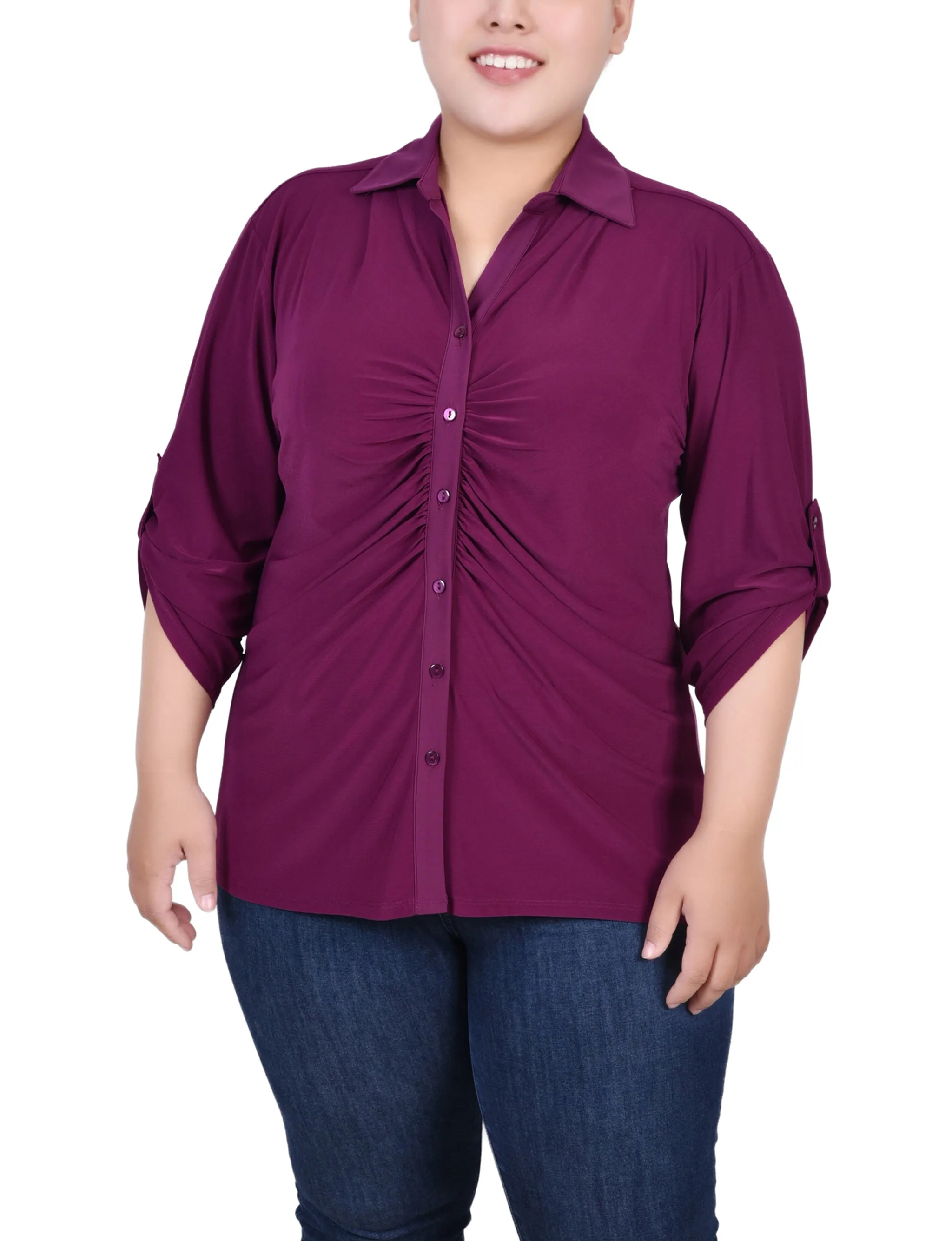 Plus Size 3/4 Roll Tab Rouched-Front Top