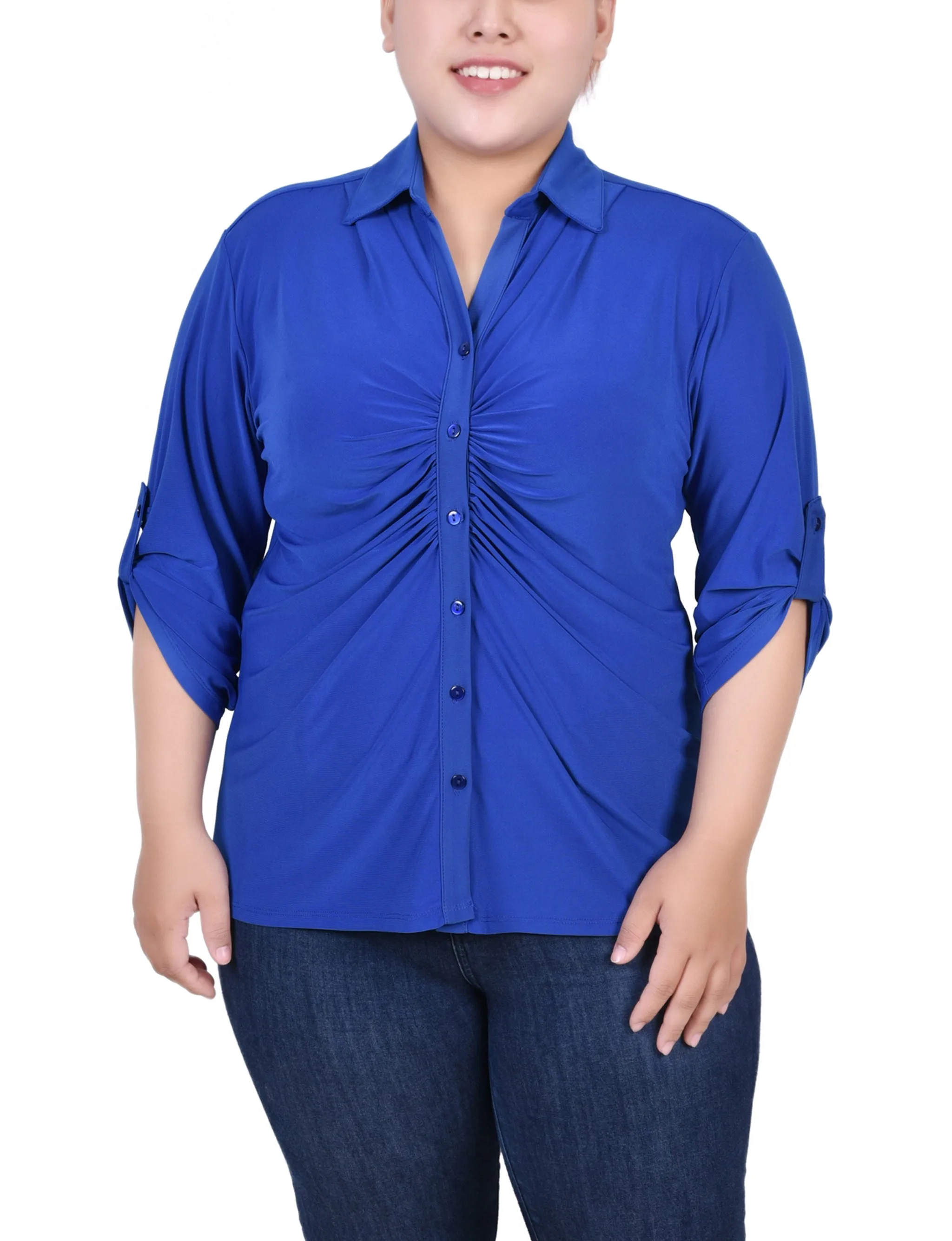 Plus Size 3/4 Roll Tab Rouched-Front Top