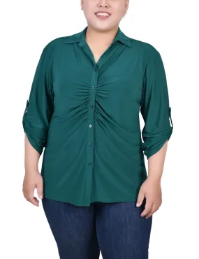 Plus Size 3/4 Roll Tab Rouched-Front Top