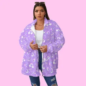 Rainbow Stardust Unicorn Friends Women's Oversized Fuzzy Fleece Coat With Zipper