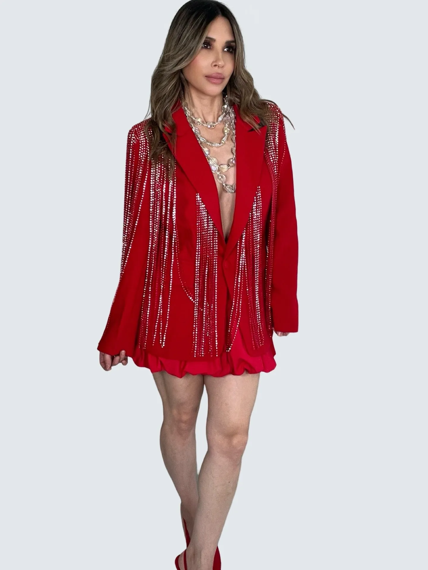 Red Rhinestone Fringe Blazer