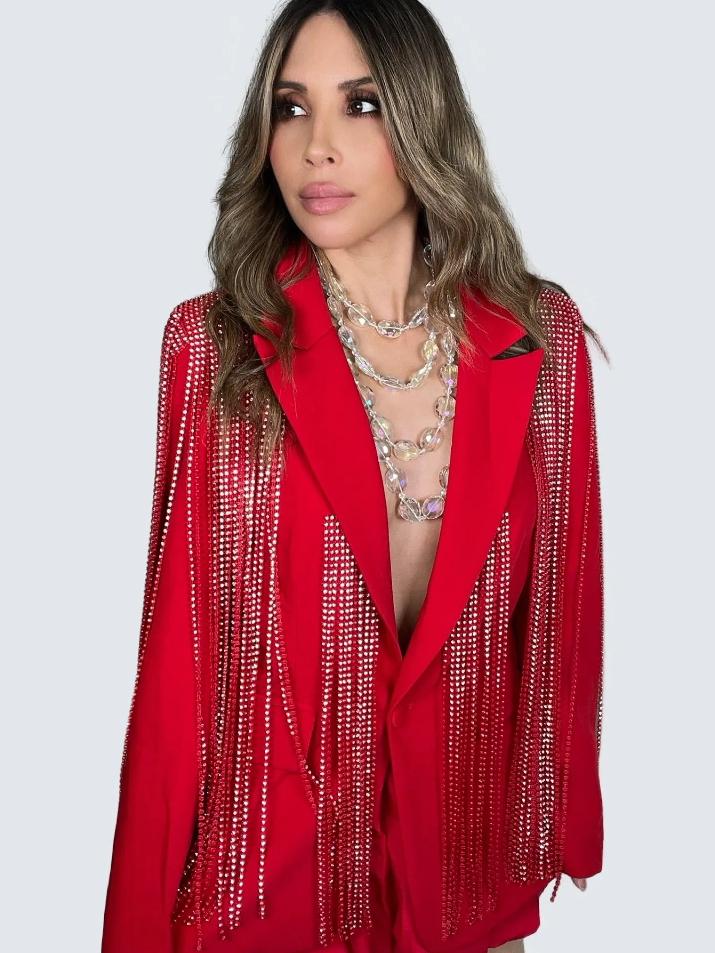 Red Rhinestone Fringe Blazer