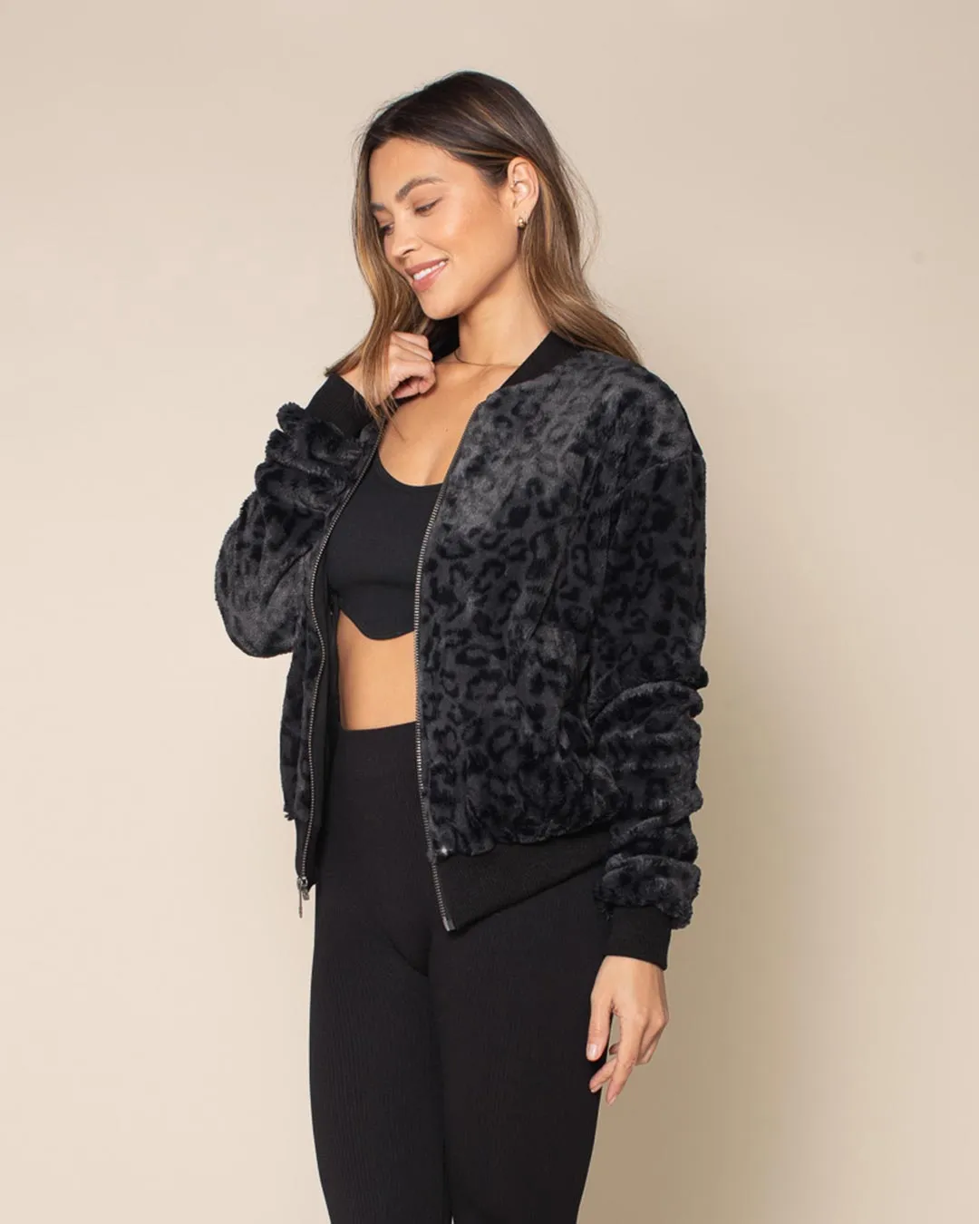 Slate Leopard ULTRA SOFT Faux Fur Bomber Jacket | Women's