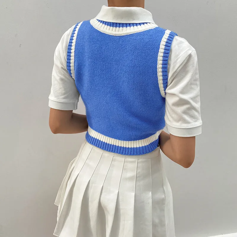 slim fit new college style wool vest knitwear color block knitwear crop top sleeveless cardigan