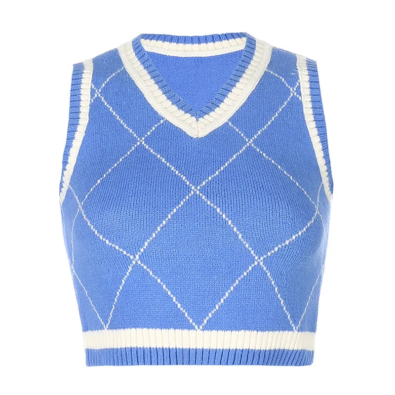 slim fit new college style wool vest knitwear color block knitwear crop top sleeveless cardigan