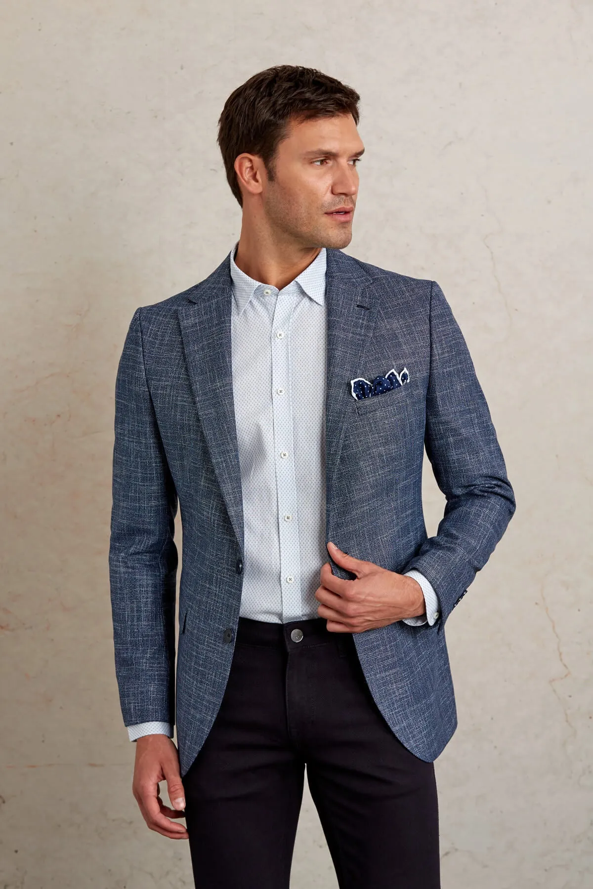 Slim Fit Notch Lapel Patterned Beige Casual Blazer, Navy D.