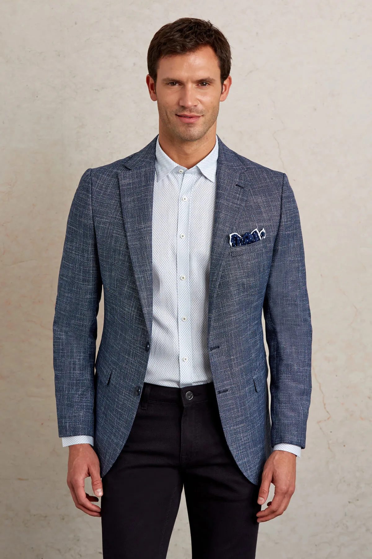 Slim Fit Notch Lapel Patterned Beige Casual Blazer, Navy D.