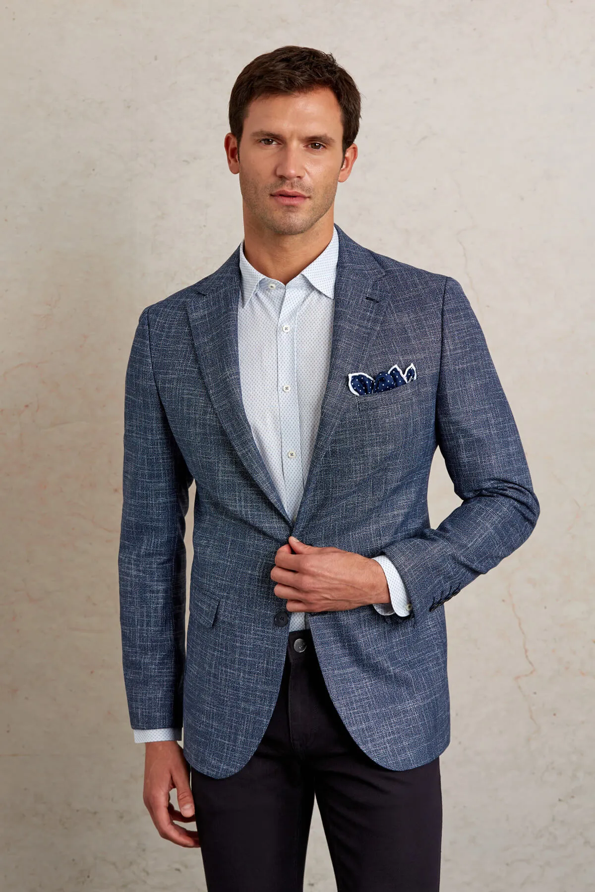 Slim Fit Notch Lapel Patterned Beige Casual Blazer, Navy D.