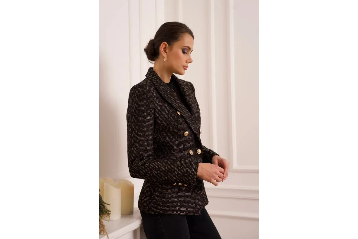 Slim Tweed Blazer Jacket With Gold Stripes Black