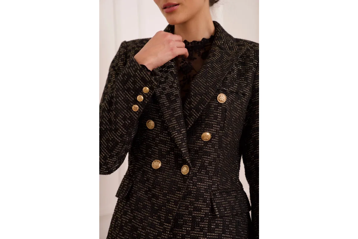 Slim Tweed Blazer Jacket With Gold Stripes Black