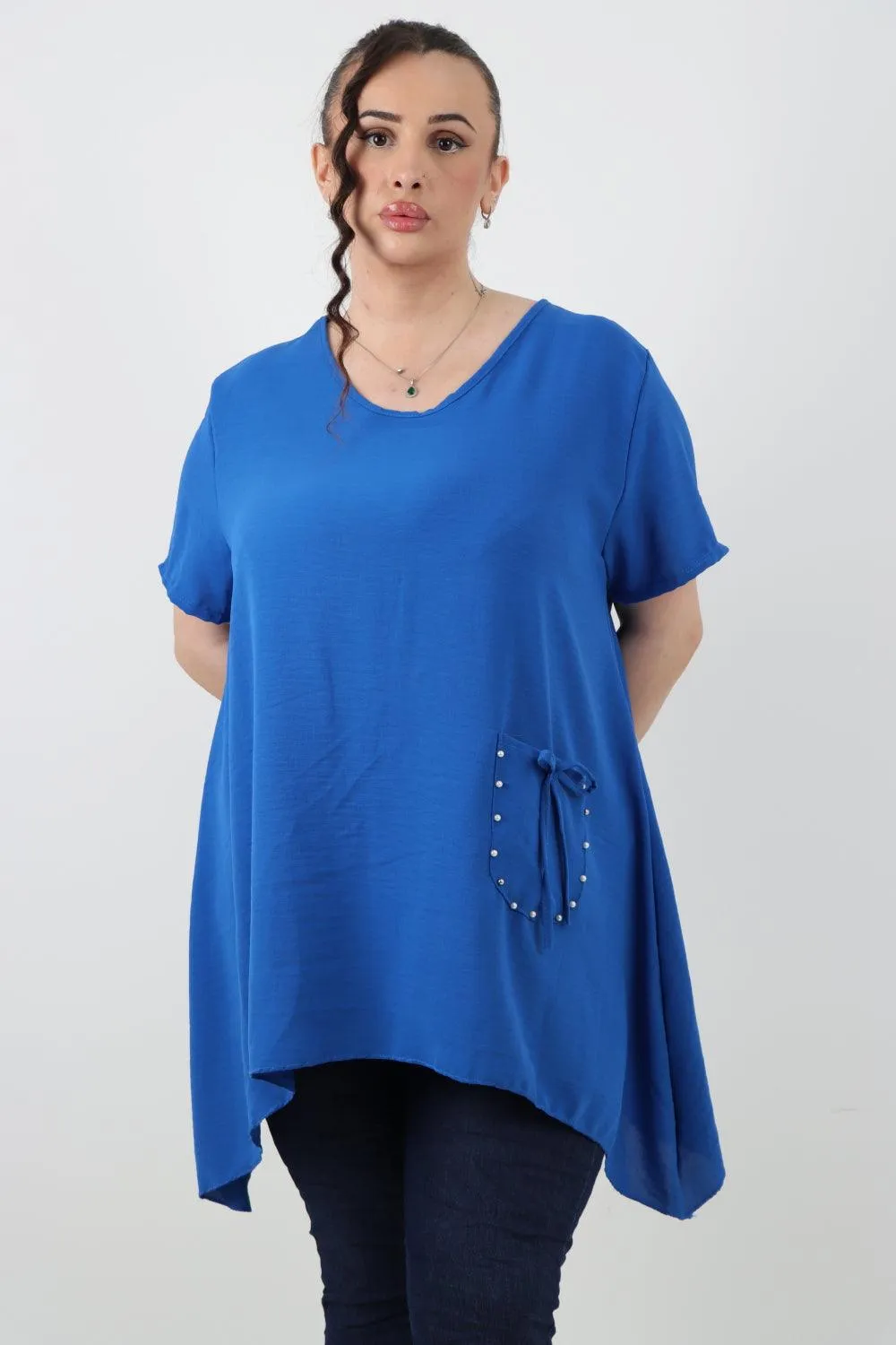 Stud Pocket Tie Detail Hanky Hem Tunic Top