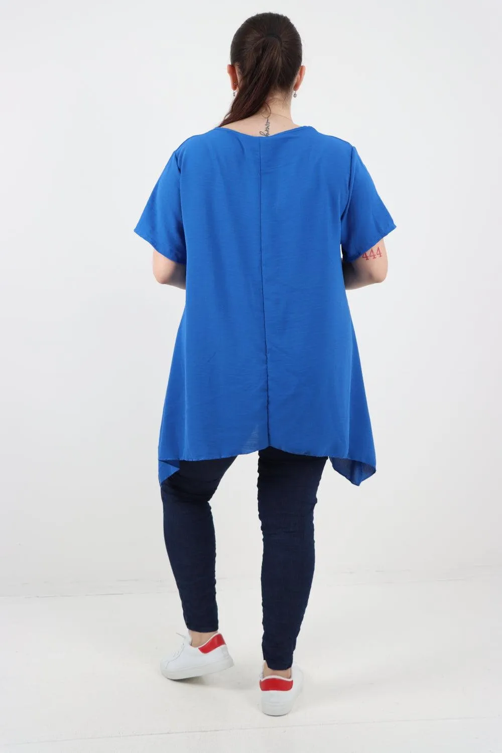 Stud Pocket Tie Detail Hanky Hem Tunic Top