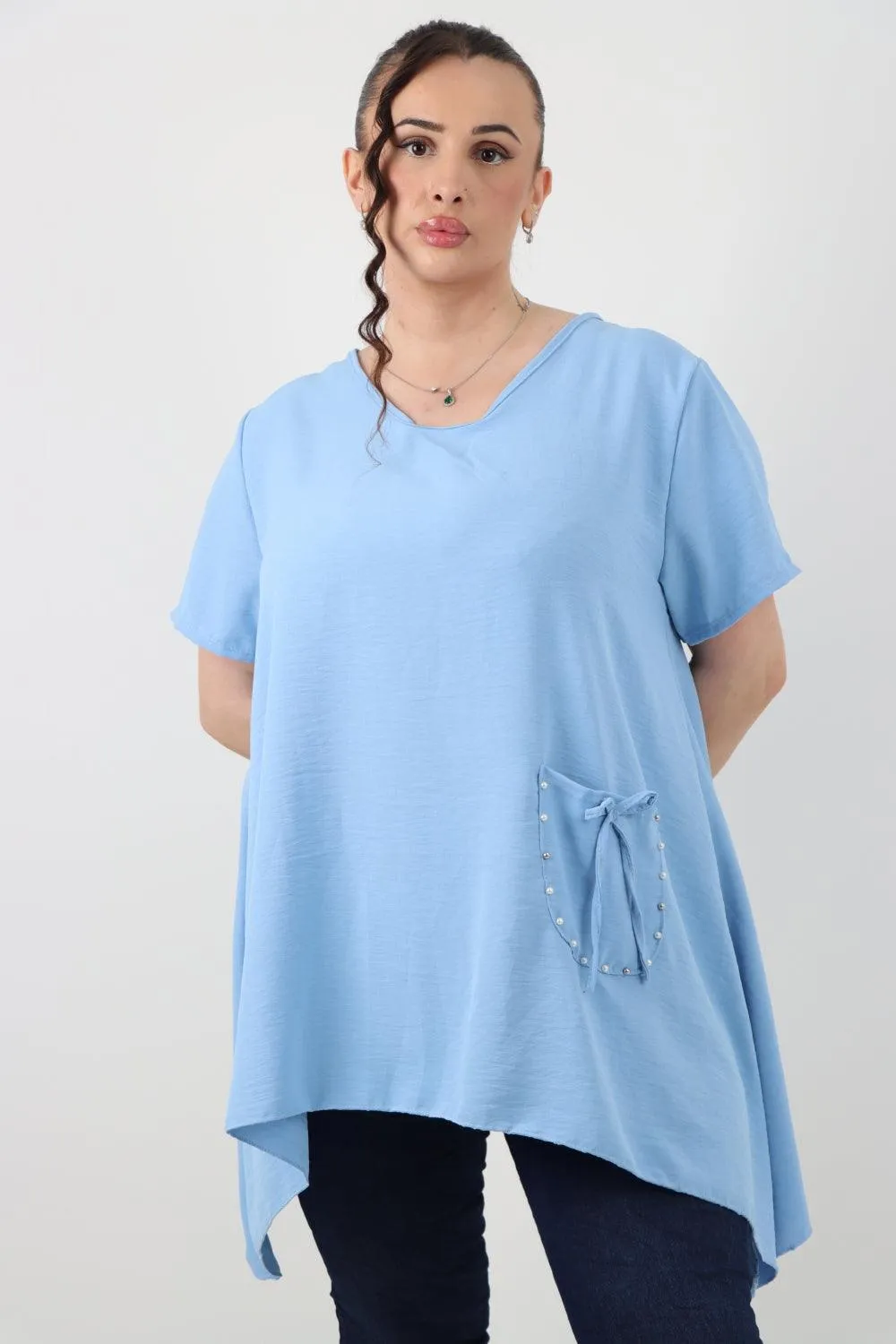 Stud Pocket Tie Detail Hanky Hem Tunic Top