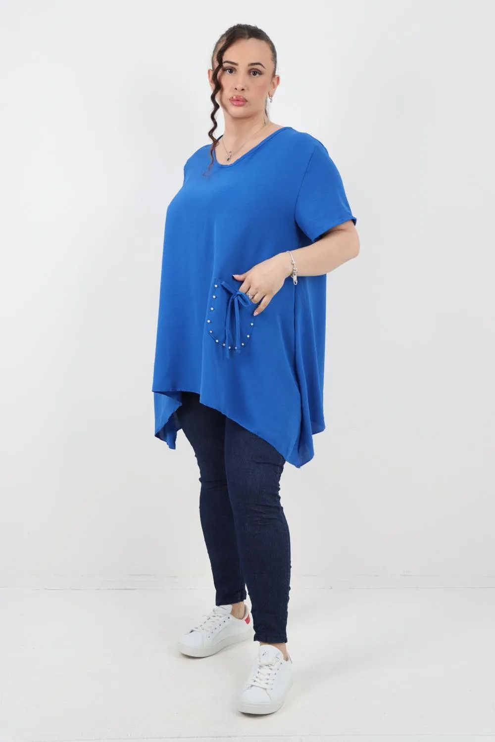 Stud Pocket Tie Detail Hanky Hem Tunic Top