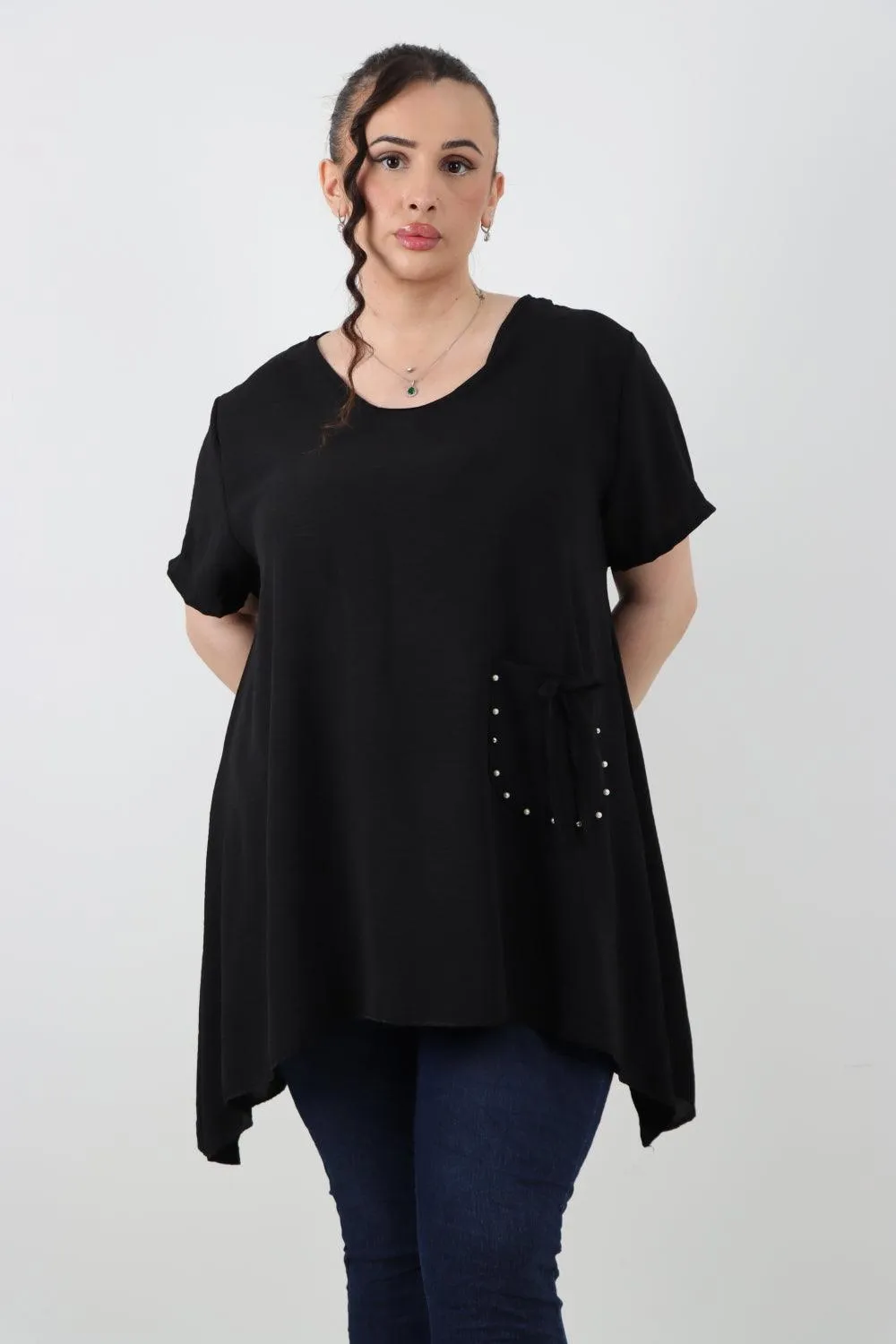 Stud Pocket Tie Detail Hanky Hem Tunic Top