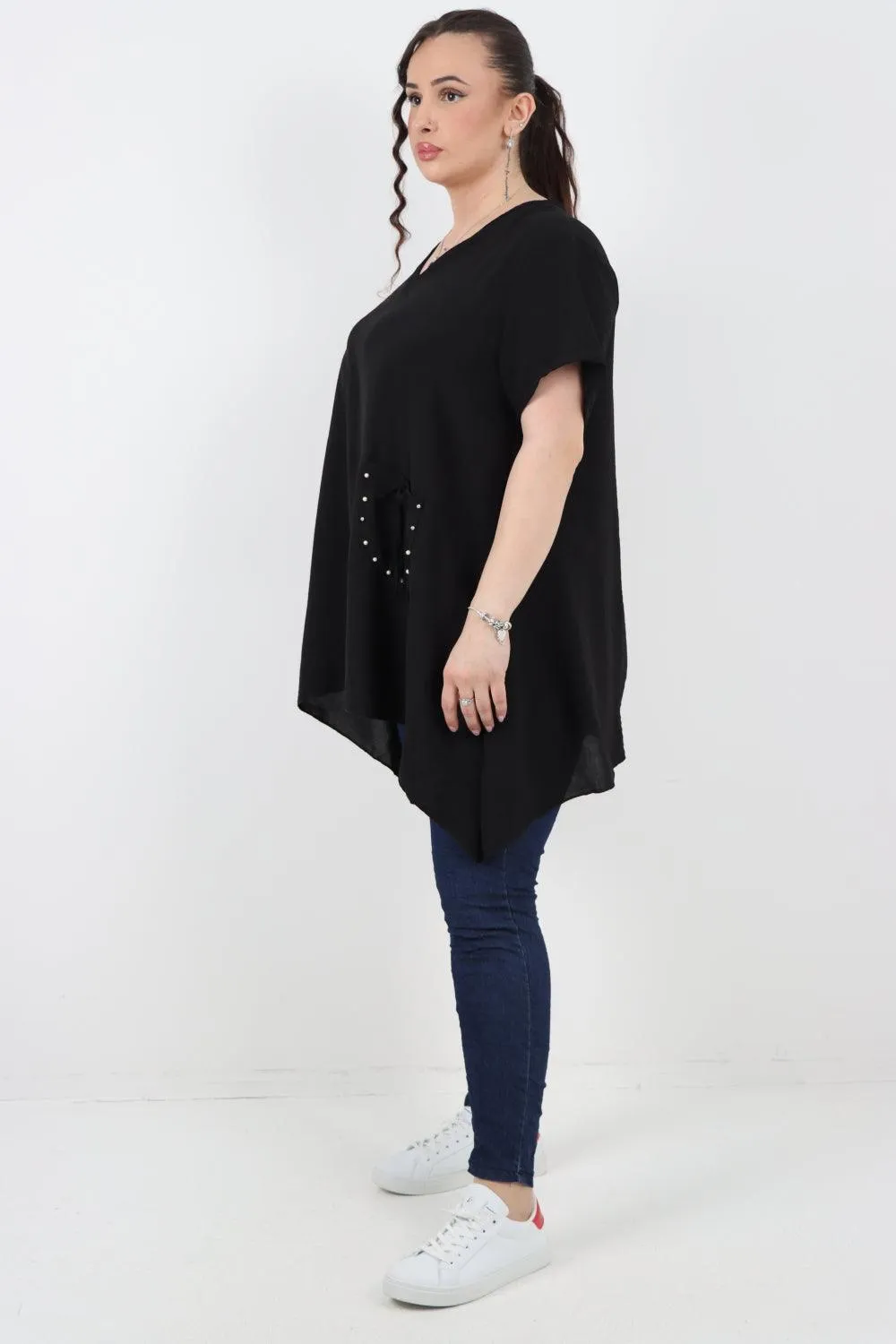 Stud Pocket Tie Detail Hanky Hem Tunic Top