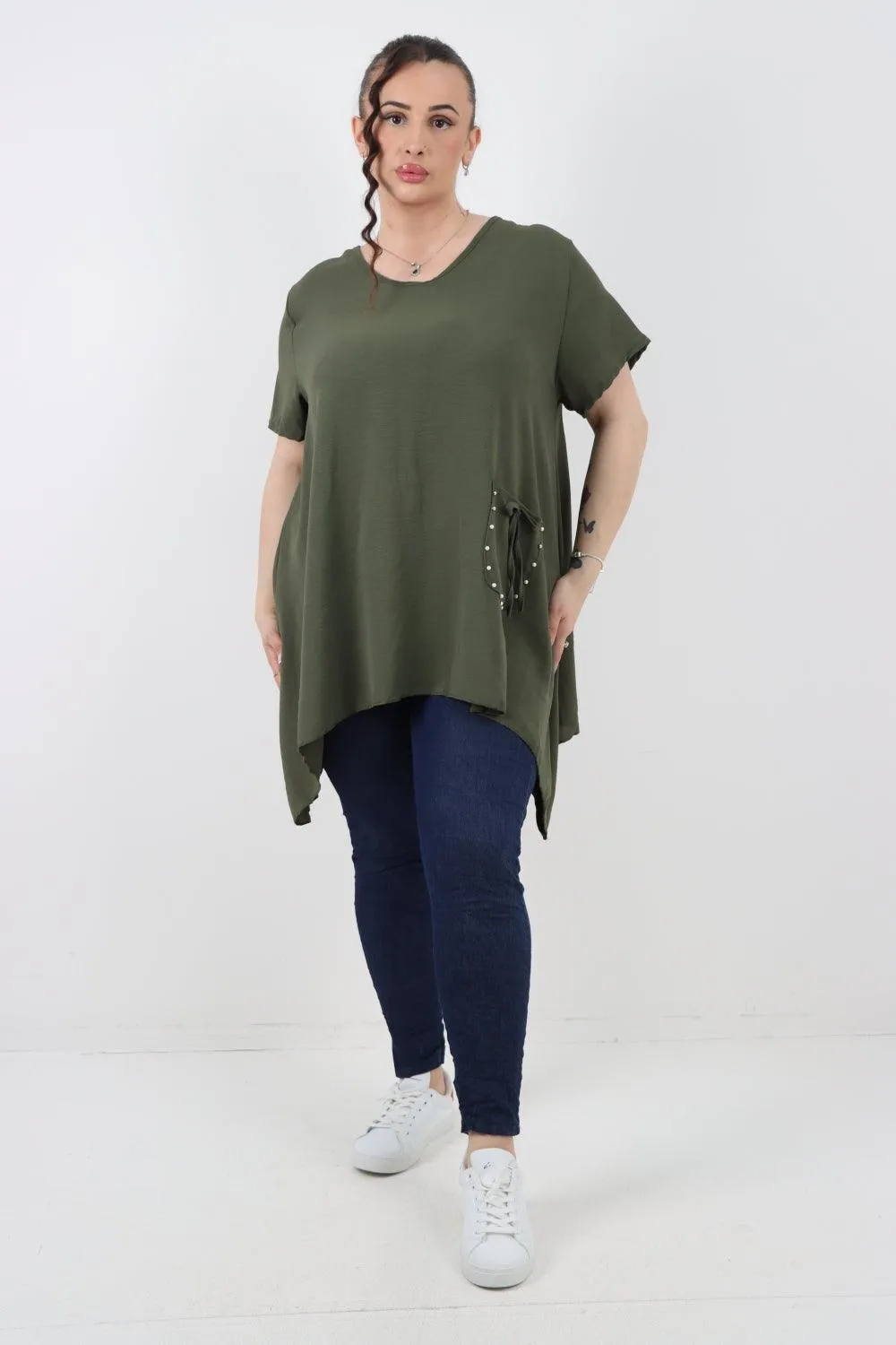 Stud Pocket Tie Detail Hanky Hem Tunic Top