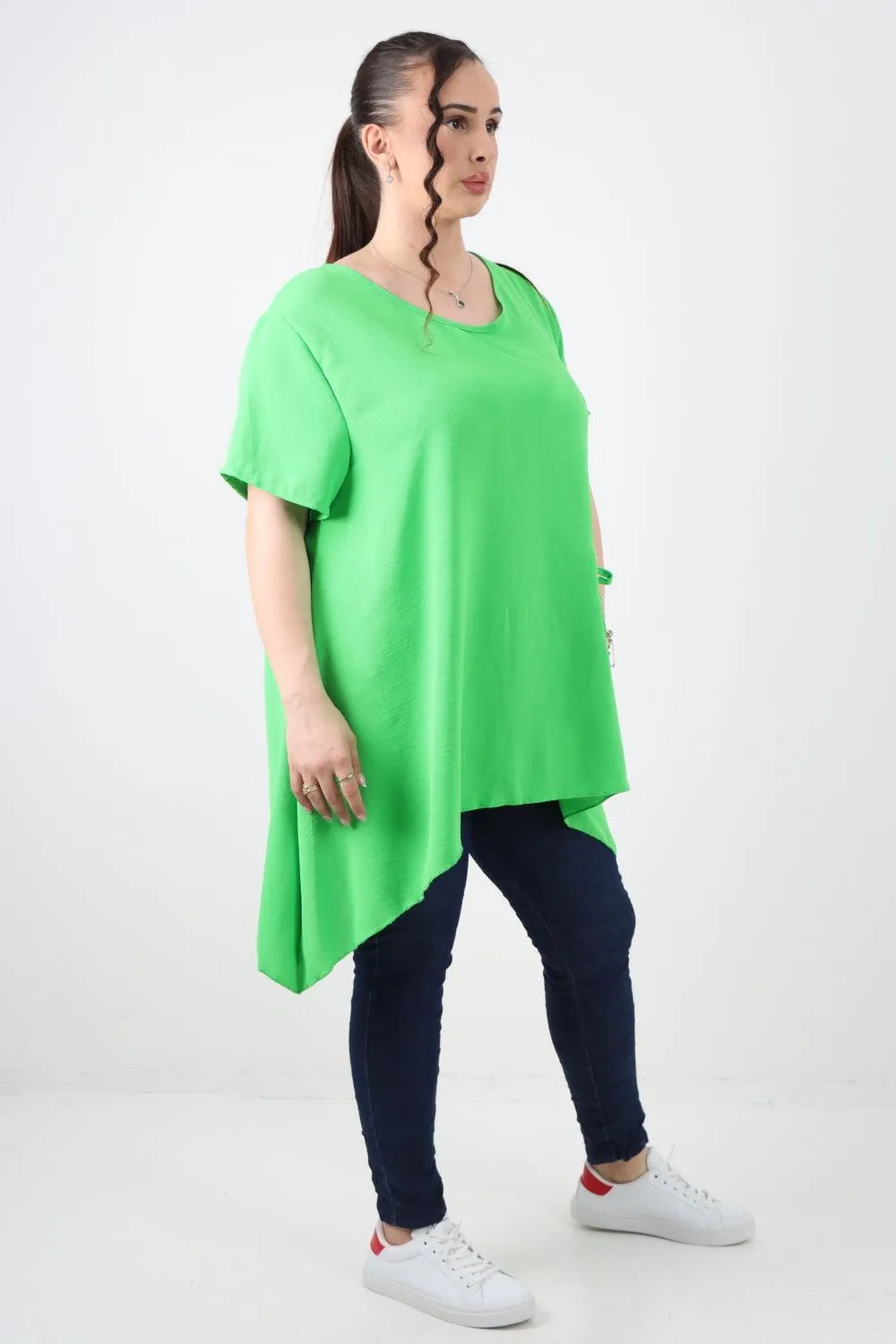 Stud Pocket Tie Detail Hanky Hem Tunic Top