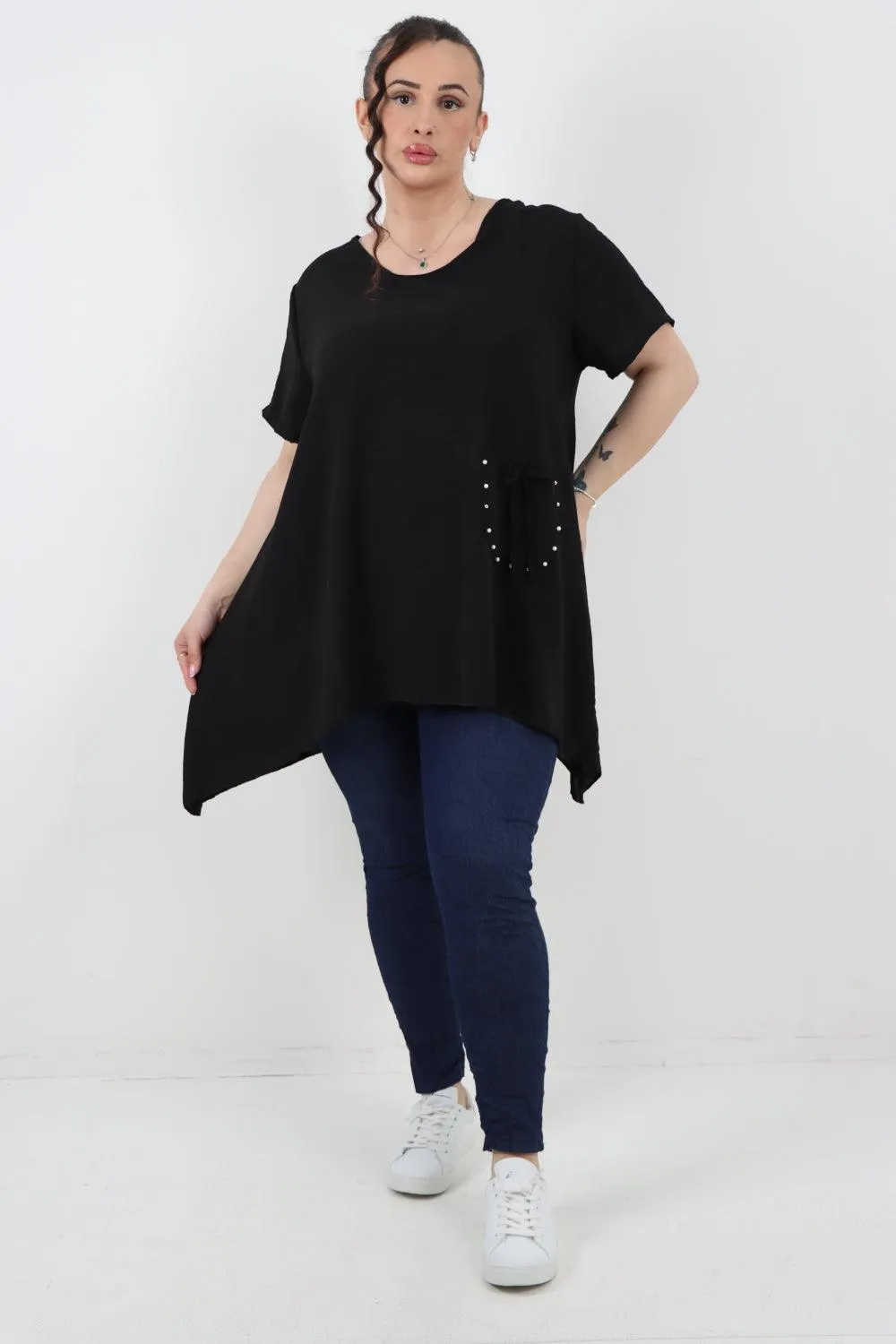 Stud Pocket Tie Detail Hanky Hem Tunic Top