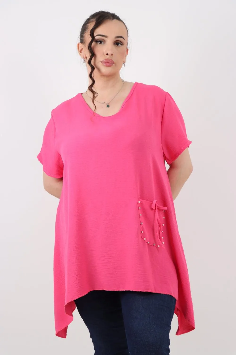 Stud Pocket Tie Detail Hanky Hem Tunic Top