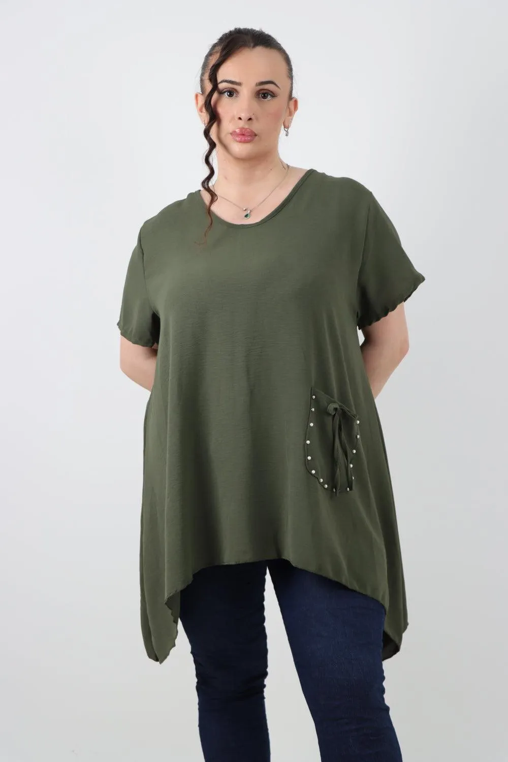 Stud Pocket Tie Detail Hanky Hem Tunic Top