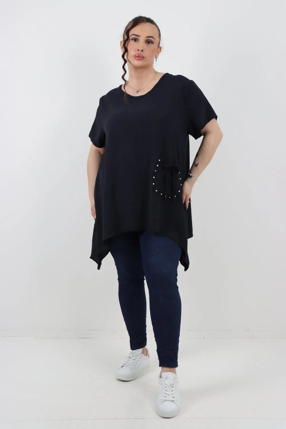 Stud Pocket Tie Detail Hanky Hem Tunic Top