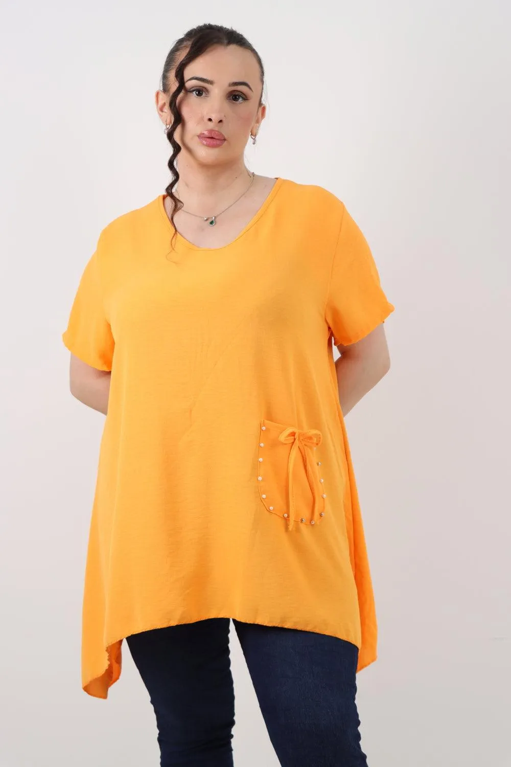 Stud Pocket Tie Detail Hanky Hem Tunic Top