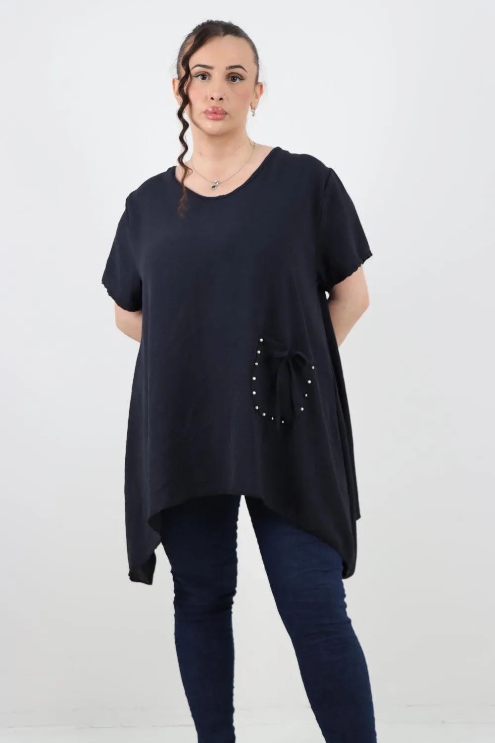 Stud Pocket Tie Detail Hanky Hem Tunic Top