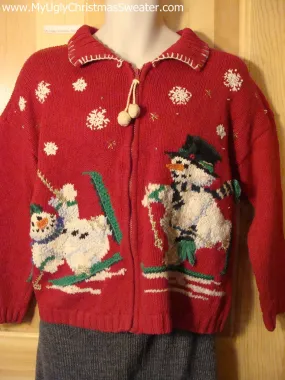 Tacky Cheap Ugly Christmas Sweater with Skiing Carrot Nosed Snowmen and a Pom Pom Dangling Zipper Pull (f503)