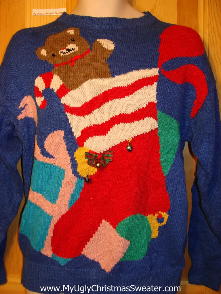 Tacky Ugly Christmas Sweater 80s Old-School Bold Style with Bear in Stocking (f275)