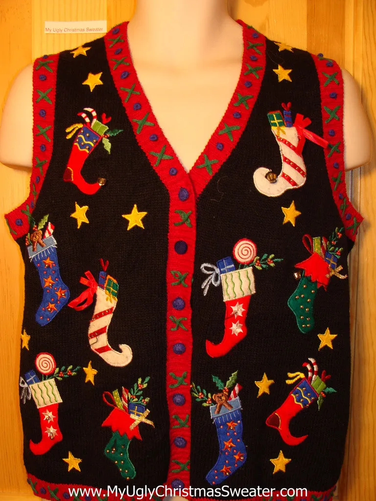 Tacky Ugly Christmas Sweater Vest with Festive Crazy Bling Stockings (f233)