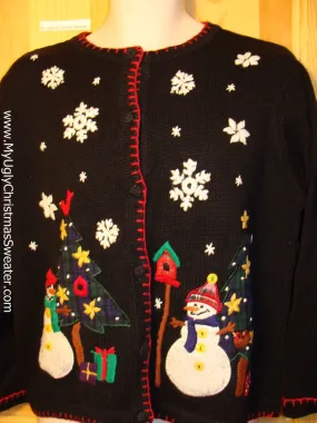 Tacky Ugly Christmas Sweater with Happy Festive Snowmen in a Winter Wonderland (f198)