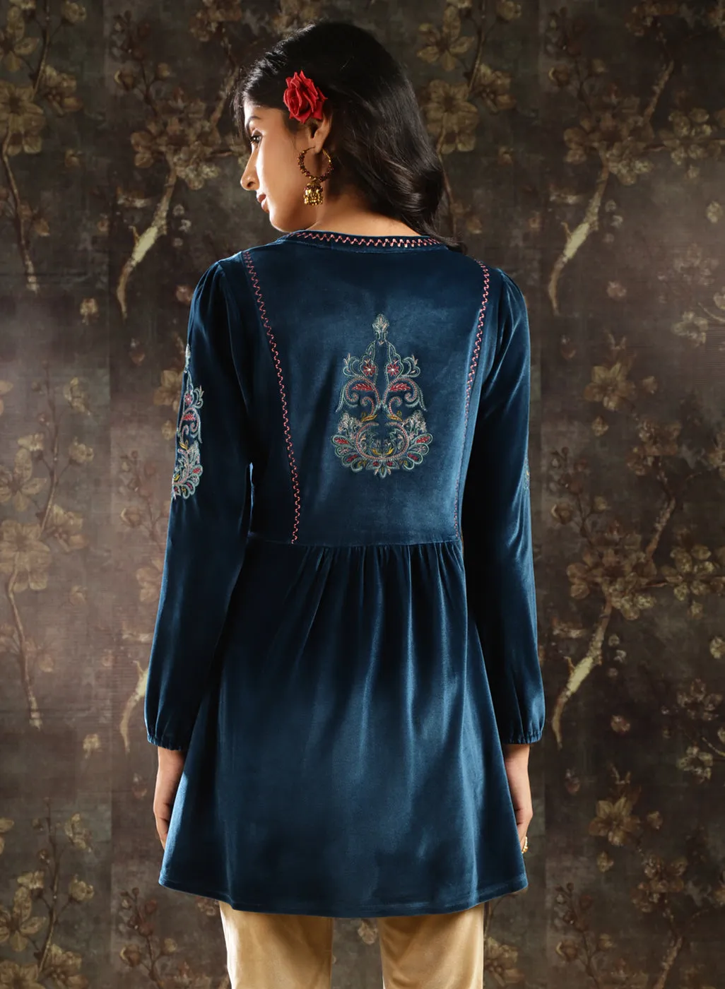 Teal Velvet Tunic with Threadwork and Tassels