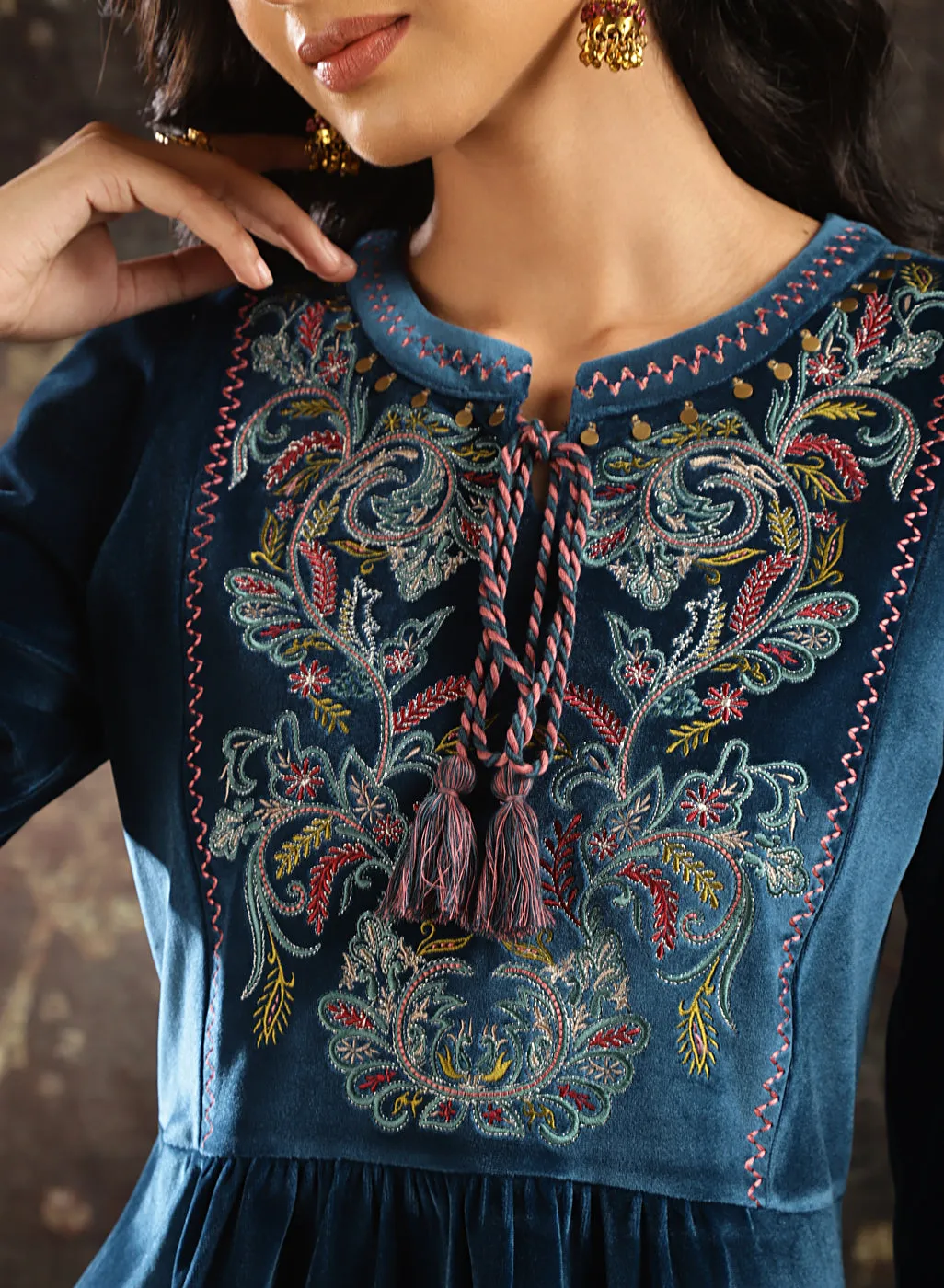 Teal Velvet Tunic with Threadwork and Tassels