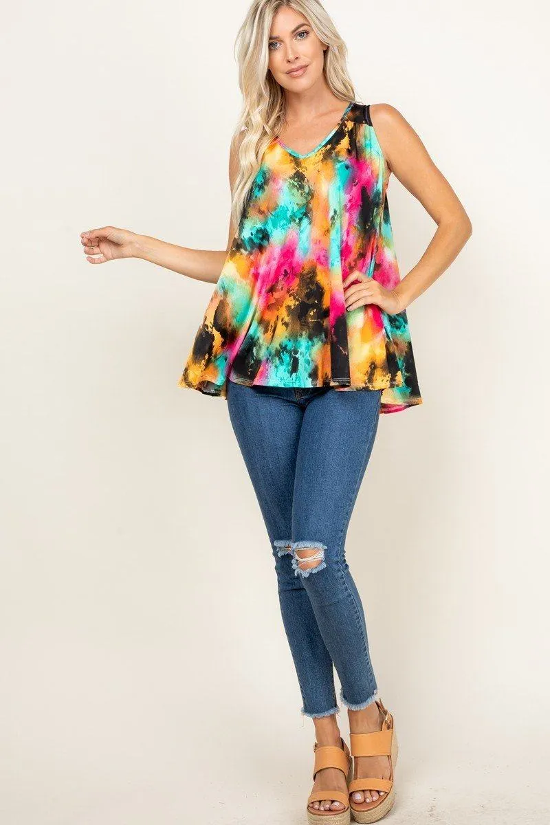 Tie Dye Sleeveless V Neck Swing Tunic Top