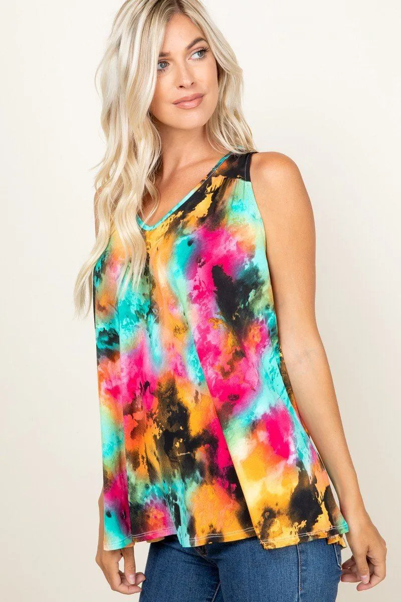 Tie Dye Sleeveless V Neck Swing Tunic Top