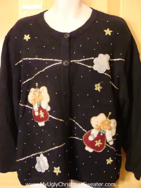 Ugly Christmas Sweater Black Cardigan with Angels