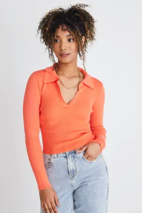 Unreal Coral LS Collared Rib Knit Top